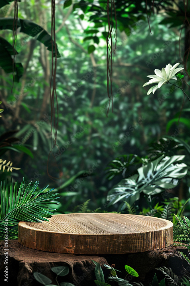 wood podium in beautiful forest with trees and many green plants for  product presentation generated by AI