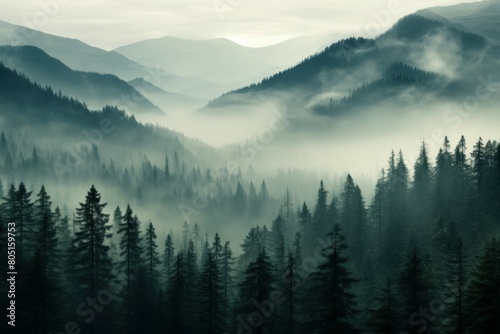 Elusive Mountain foggy view. Mist hill. Generate Ai photo