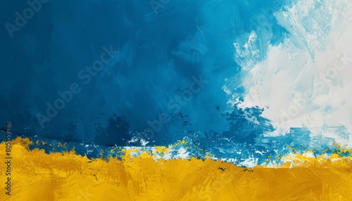 Abstract morning seaside wallpaper blending Blue Atoll serenity and Vibrant Yellow joy, embodying minimalism and cheer with expansive negative space.