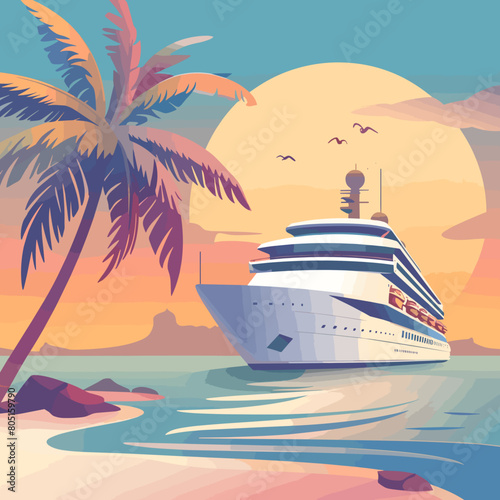 Cruise ship tropical island vacationing background. Luxury voyage cruises on a passenger ship vessel to amazing destinations