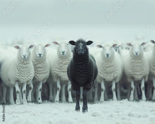 A black sheep stands out in a field of white sheep photo