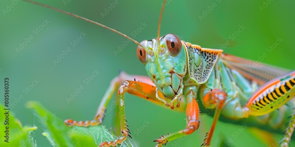 A green and orange grasshopper is standing on a leaf A green and orange grasshopper is standing on a leaf