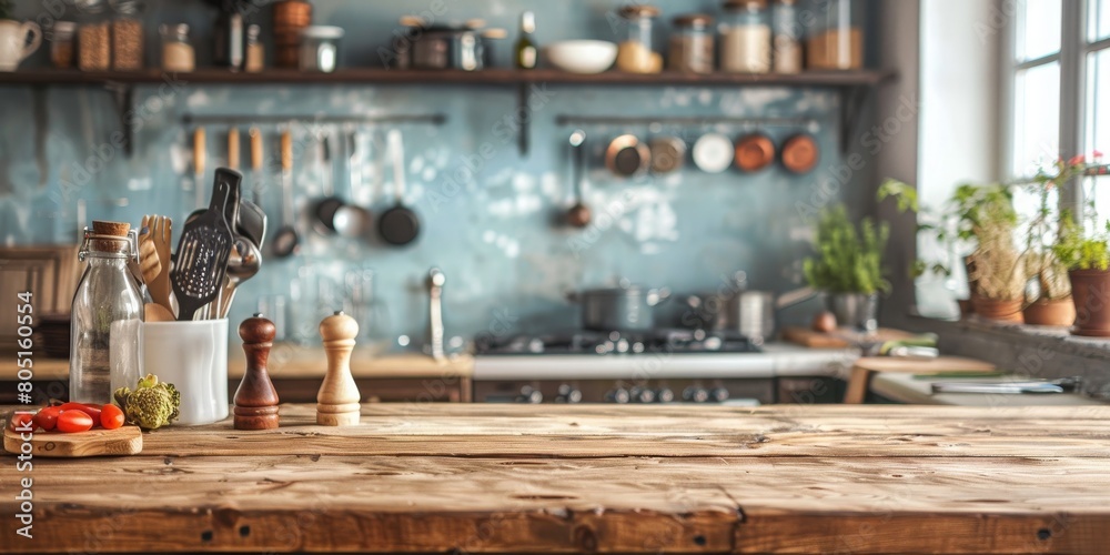A kitchen with a wooden countertop and a variety of utensils and cookware A kitchen with a wooden countertop and a variety of utensils and cookware