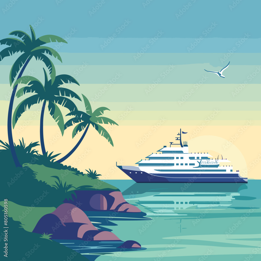 Cruise ship tropical island vacationing background. Luxury voyage cruises on a passenger ship vessel to amazing destinations