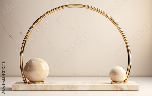 White podium offwhite background accompanied white marble ball product display background mockup concept  photo