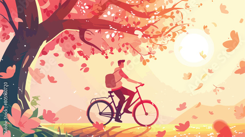 Man riding a bike in spring. Landing page template. C