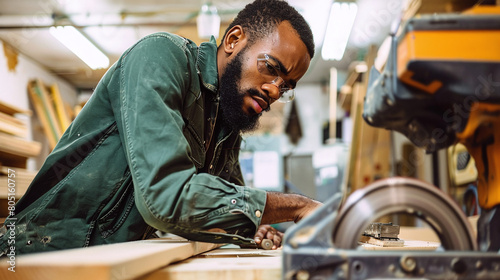 young black carpenter man focused working with wood cutter at workshop