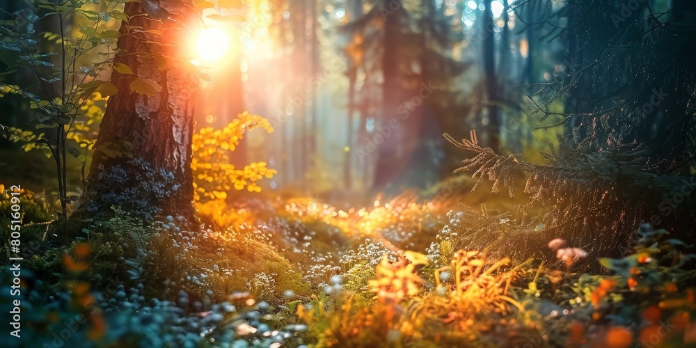 Fototapeta premium A forest with a tree in the foreground and a sun shining through the trees