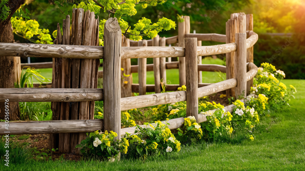 wooden fence in the garden, architecture design, summer vibes background
