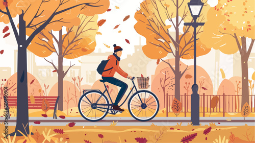 Man riding bike in the park in autumn. Cute vector illustration