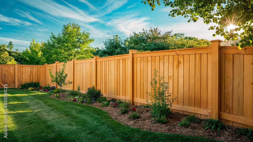 wooden fence in the garden, architecture design, summer vibes background wooden fence in the garden, architecture design, summer vibes background