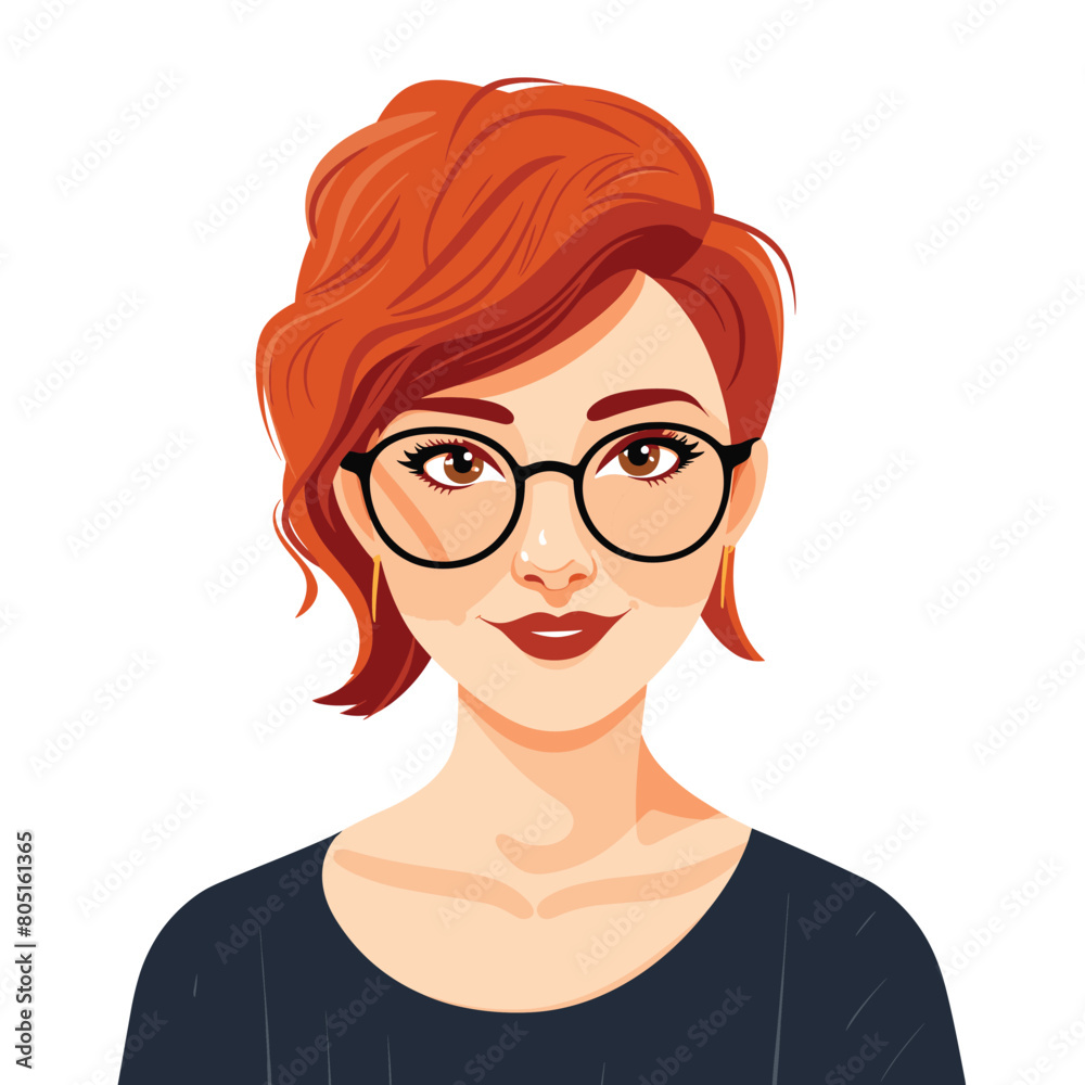 Young woman vector illustration, red hair, glasses, smiling, confident. Female avatar, professional, stylish, casual wear, modern. Graphic design character portrait isolated white background Young woman vector illustration, red hair, glasses, smiling, confident. Female avatar, professional, stylish, casual wear, modern. Graphic design character portrait isolated white background