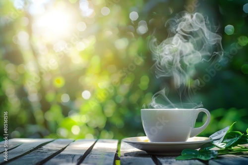 Hot coffee cup on table with green nature background. Relax time concept