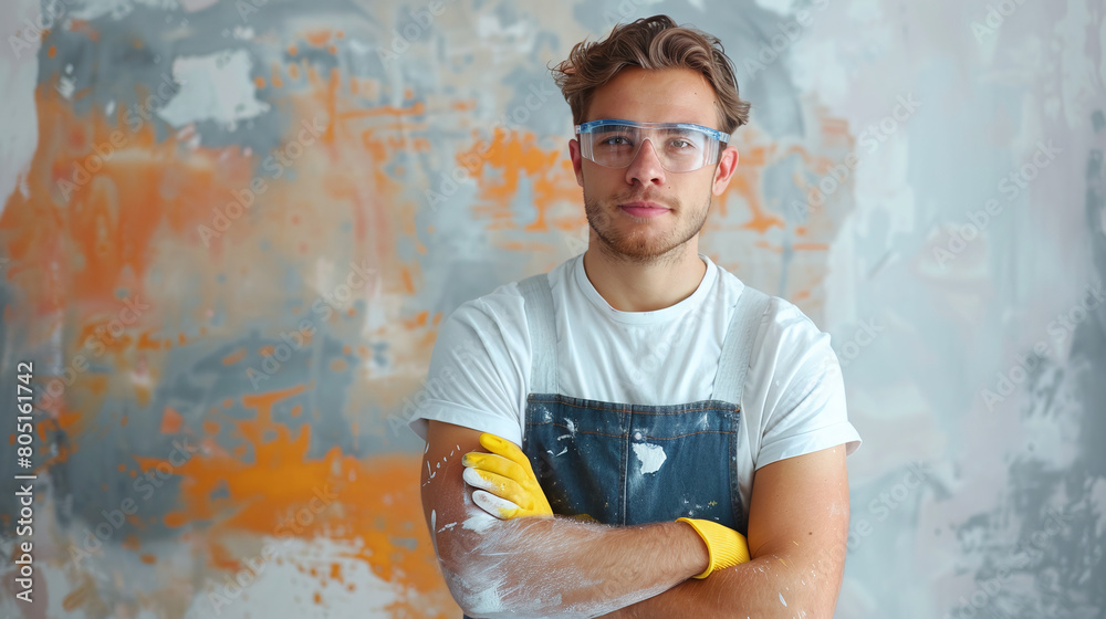 Obraz premium portrait of young worker painting wall in room, home renovation