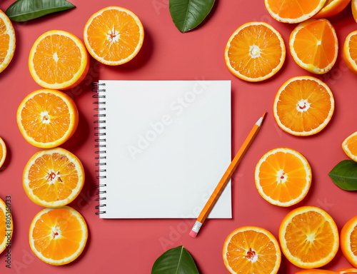Blank Notebook With Slice of orange fruit and pencil over pink background