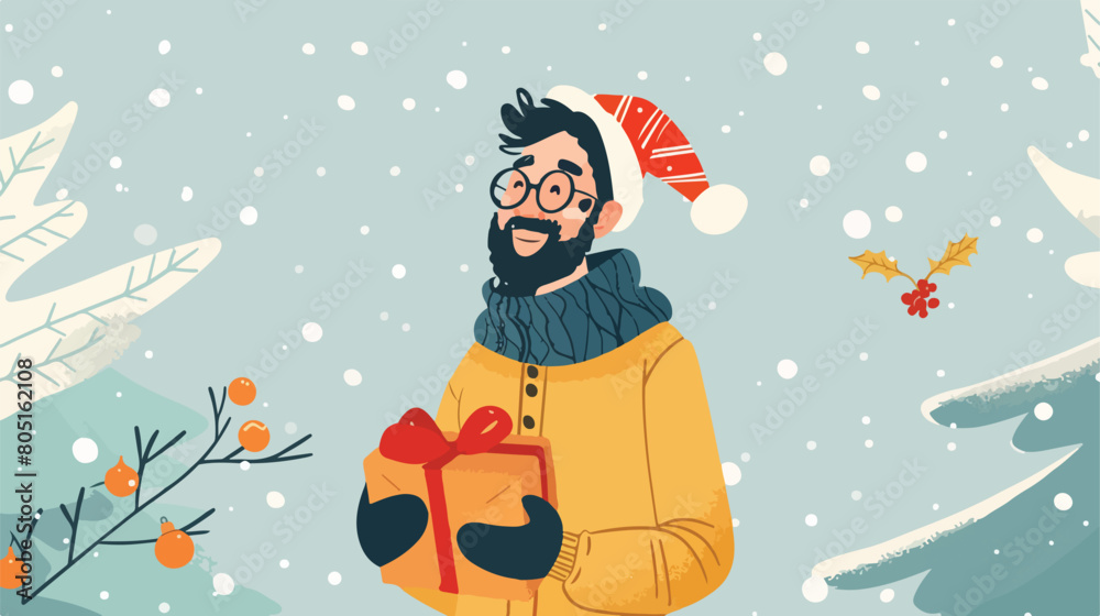 Man with Christmas present. Festive winter concept. Vector