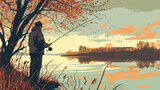 Man with fishing lure on river bank closeup Vector style