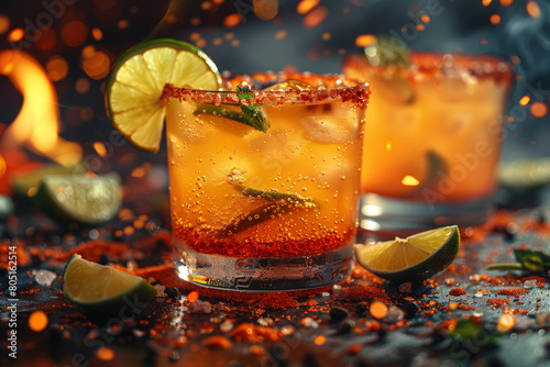 A spicy margarita rimmed with salt, blending tequila, lime juice, and triple sec for a fiery kick. Concept of fiesta flavor. Generative Ai. photo