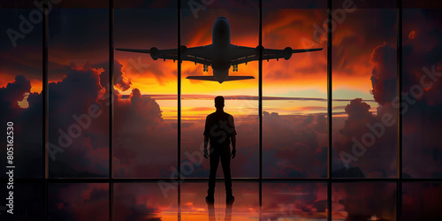 Man standing before flight information display system in airport at sunset.