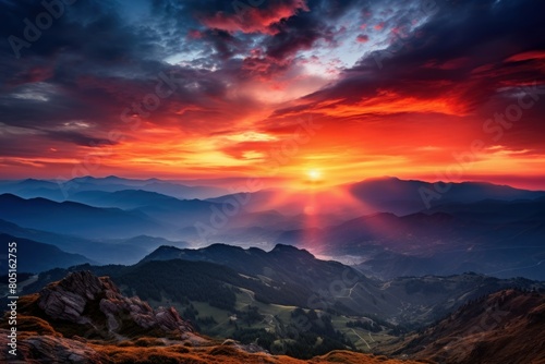 Tranquil Mountain sunset view. Travel nature. Generate Ai