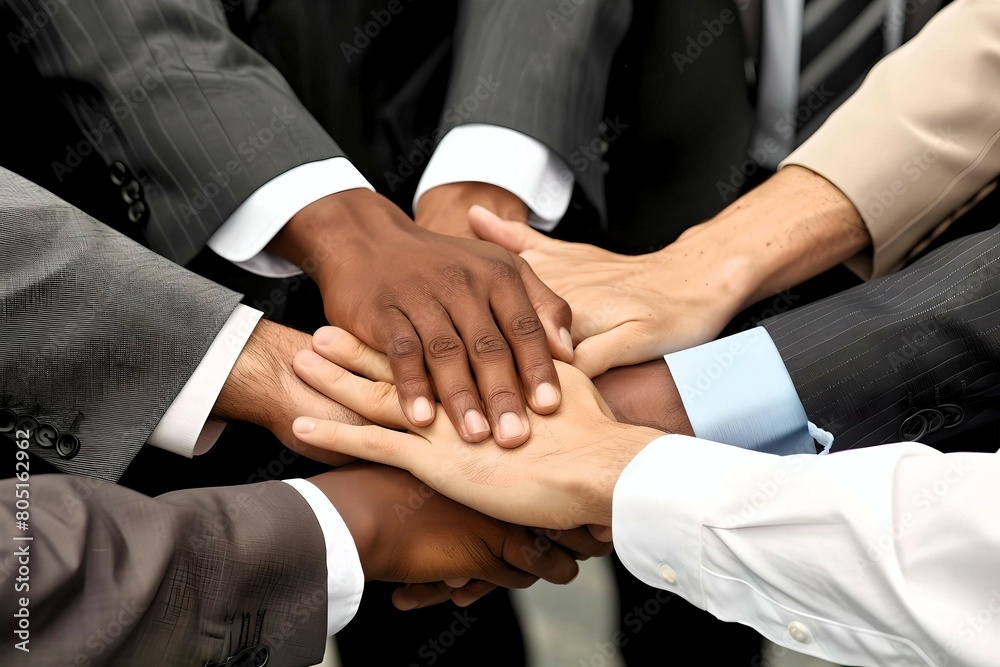Diverse business team showing unity with their hands together, symbolizing teamwork and collaboration in a professional setting.
Diverse business team showing unity with their hands together, symbolizing teamwork and collaboration in a professional setting.