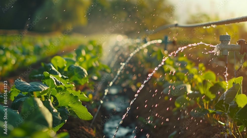 Advanced agricultural technology showcasing a precision irrigation system efficiently watering crops in a sustainable farm field to promote optimal plant growth and water conservation. Advanced agricultural technology showcasing a precision irrigation system efficiently watering crops in a sustainable farm field to promote optimal plant growth and water conservation.