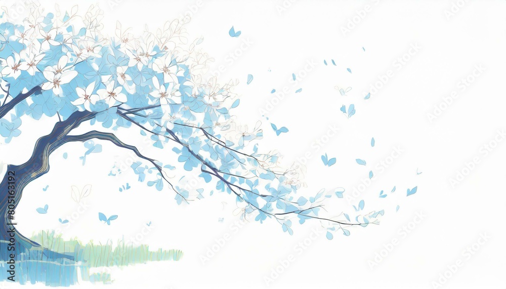 清涼感、明るめの白い背景、くっきり、青空、舞う、美しい桜を描くイラスト generated by AI 清涼感、明るめの白い背景、くっきり、青空、舞う、美しい桜を描くイラスト generated by AI