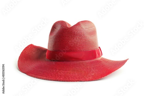 Fashion Hat. Vintage Panama Women's Beach Hat in Red on White Background