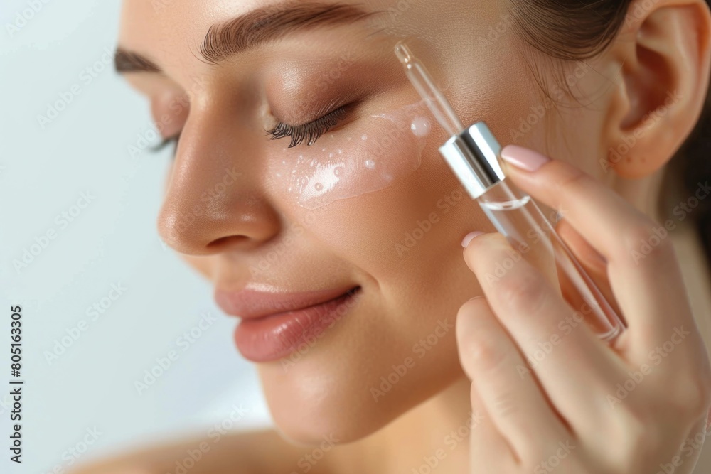 Skin Care Treatment. Young Beautiful Caucasian Woman Applying Face Serum with Closed Eyes
