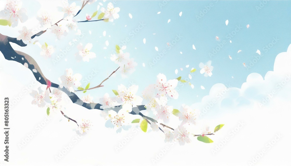 Fototapeta premium 清涼感、明るめの白い背景、くっきり、青空、舞う、美しい桜を描くイラスト generated by AI