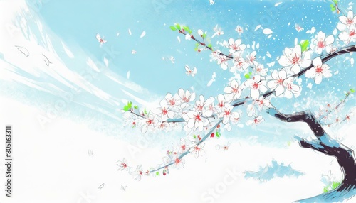 清涼感、明るめの白い背景、くっきり、青空、舞う、美しい桜を描くイラスト generated by AI
