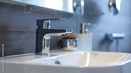 Modern bathroom faucet on a white ceramic sink