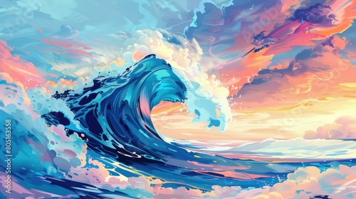 Sunset Wave. Colorful Ocean Wave with Beautiful Sunset Light and Clouds