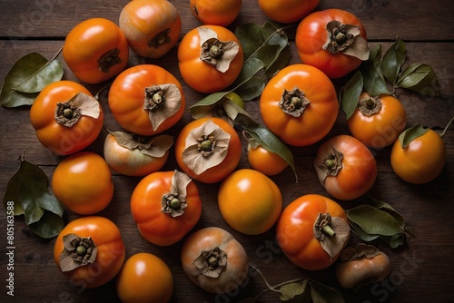 Whole persimmons arranged on a rustic wooden table