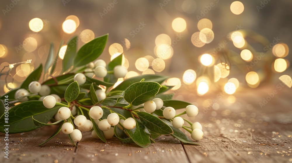 Mistletoe Branch with White Berries Resting on a Polished Birch Surface Amidst Twinkling Background Lights Mistletoe Branch with White Berries Resting on a Polished Birch Surface Amidst Twinkling Background Lights