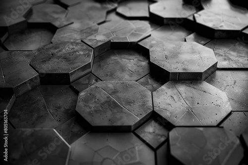 Intricate hexagonal tiles forming a mesmerizing grayscale mosaic  exuding a futuristic elegance