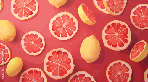 Many grapefruit slices on red background top view Vector