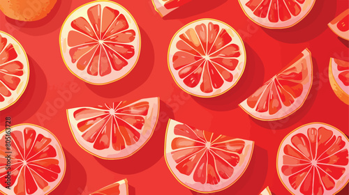 Many grapefruit slices on red background top view Vector