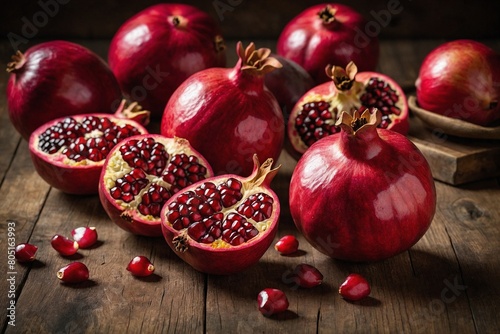 Whole and halved pomegranates arranged on a rustic wooden table