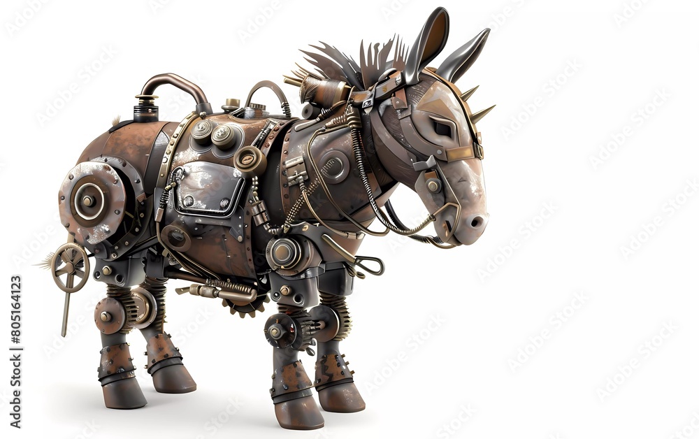 Render of a 3D illustration of a steampunk metal donkey, on a white background Render of a 3D illustration of a steampunk metal donkey, on a white background