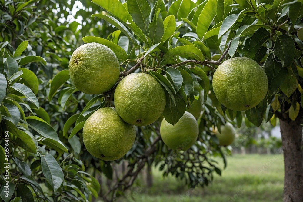 Ripe pomelos hanging from the branches of a pomelo tree