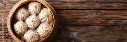A delightful close-up view of tangy Shanghainese soup dumplings, artfully arranged with ample copy space for design purposes, these steaming delicacies embody a rich fusion of flavor and cultural