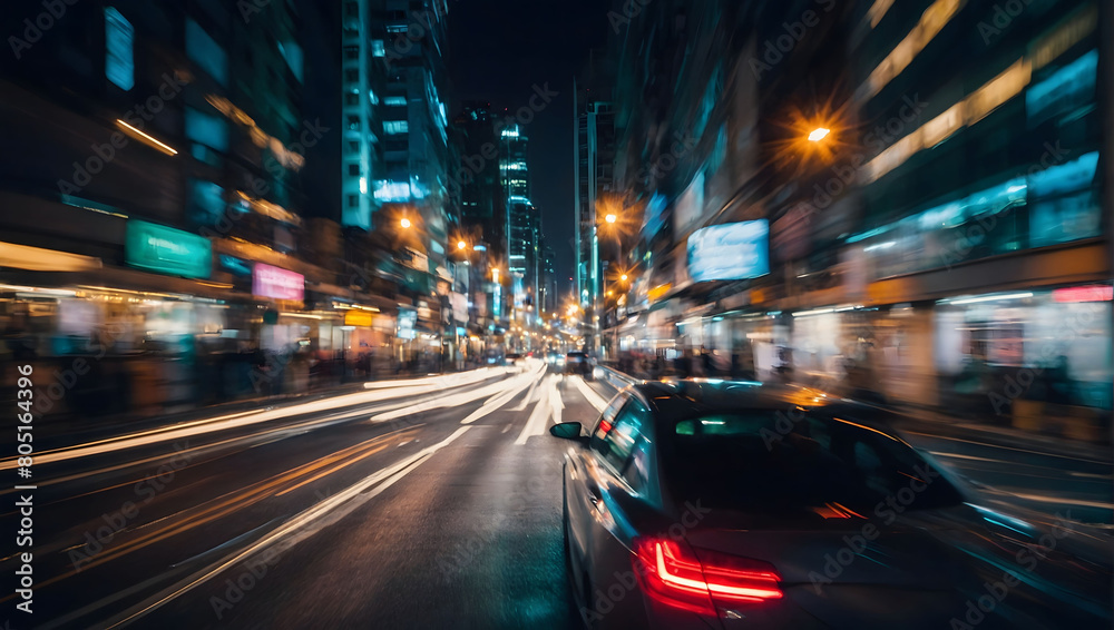 Urban Velocity, Abstract motion captured through blurred car traffic against the nocturnal backdrop of a bustling cityscape.