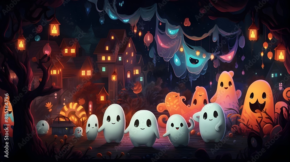 Fototapeta premium Cute, Ghosts, Party, enjoy, lights, Cartoons