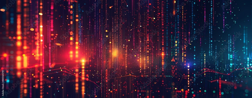 Obraz premium Abstract digital background with glowing dots and lines, dark blue red orange colors