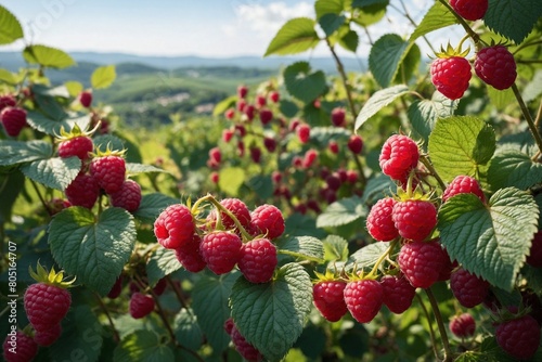 scenic view of raspberry vines laden with plump berries