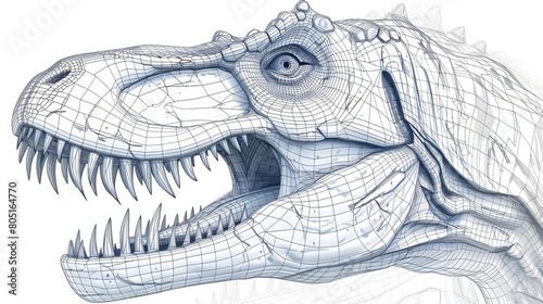 A realistic line drawing of a T-rex skull from a three quarter view. Make the drawing as detailed as possible photo