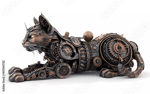 Render of a steampunk metal 3D illustration of a cat, on a white background