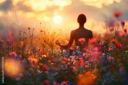 A tranquil image of a person meditating among vibrant wildflowers, the sunset providing a warm backlight, enhancing the colors and creating a soft bokeh effect around the flowers.
