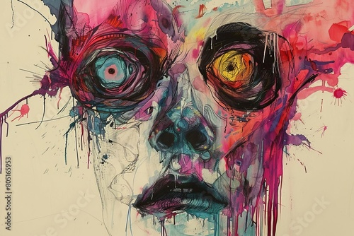 A dark portrait of a human face. The face is distorted and twisted. The colors are vibrant and saturated. The overall effect is one of unease and disquiet